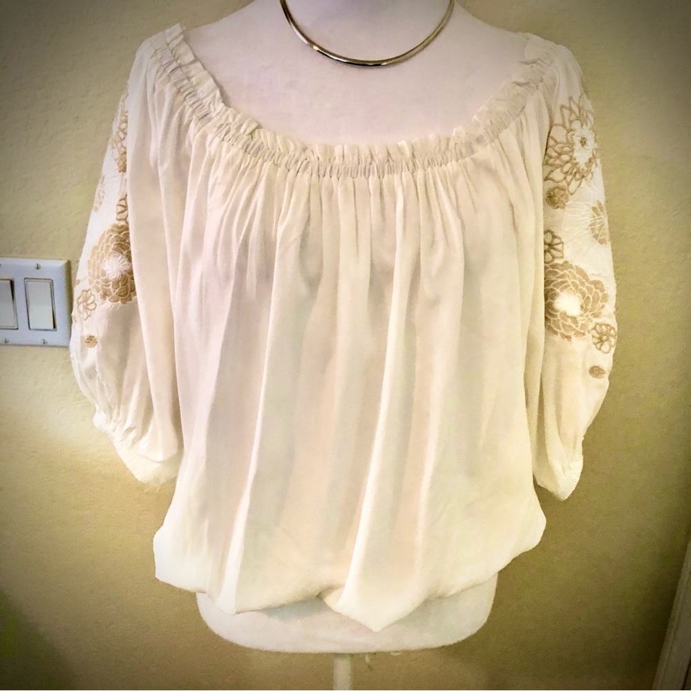 Solitaire Women's Elegant Cream Blouse with Tan Embroidered Sleeves